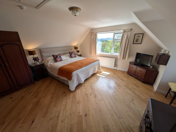 Double bedroom with oak floors and mountain view